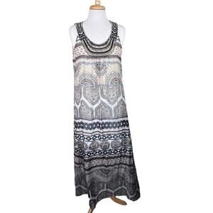Hale Bob Boho Neutral Print Flowy Maxi with Beaded Neckline & Straps Medium